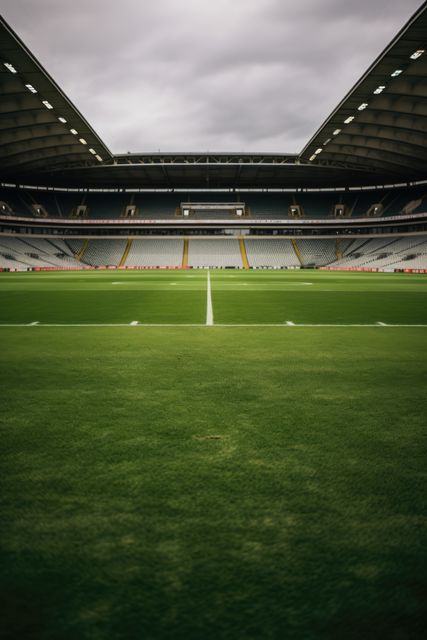 Featuring an empty soccer stadium with green field under a dramatic cloudy sky, this photo perfectly captures the anticipation and feel of sports events. Ideal for illustrating sports, architecture, event setups, promotional materials for tournaments, and urban architecture designs.