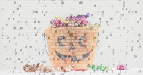 Smiling pumpkin bucket spilling colorful candy with binary code overlay, halloween concept