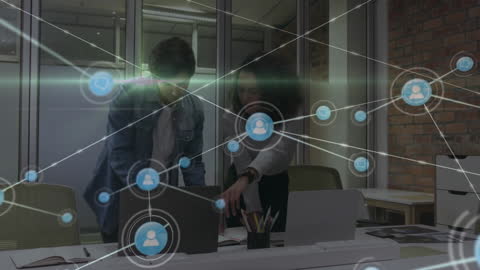 Diverse Team Collaborating in Modern Office with Digital Overlay