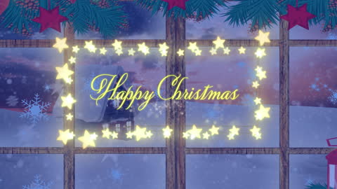 Merry Christmas Text on Window with Glowing Fairy Lights