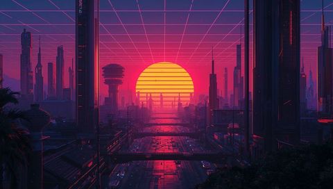 Striped sun bathing futuristic boulevard under neon grid at sunset