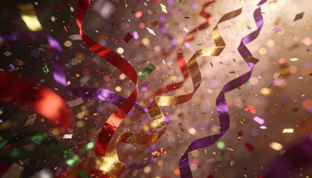 Colorful Metallic Streamers and Confetti Celebrating Party Sparkle with Bokeh Lights