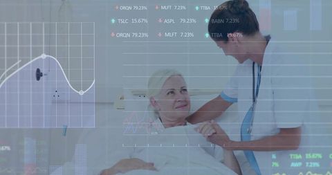 Compassionate Caregiver Comforting Patient with Digital Health Analysis Overlay