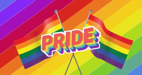 Rainbow pride flags crossing with bold pride text