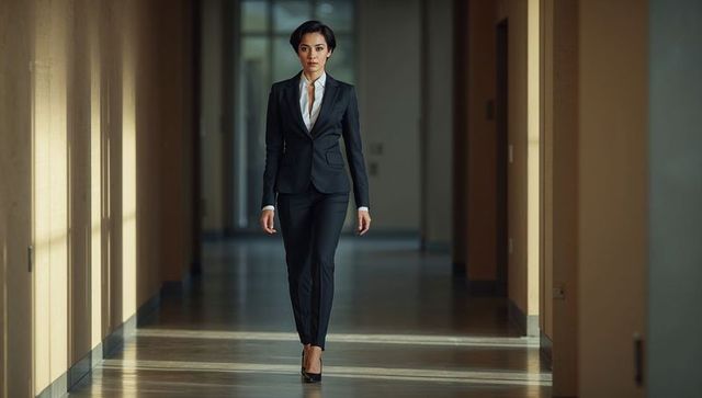 Confident businesswoman walking through modern office corridor in tailored dark suit