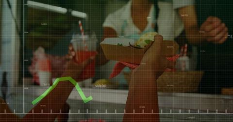 Cafe staff serving customer with business growth overlay