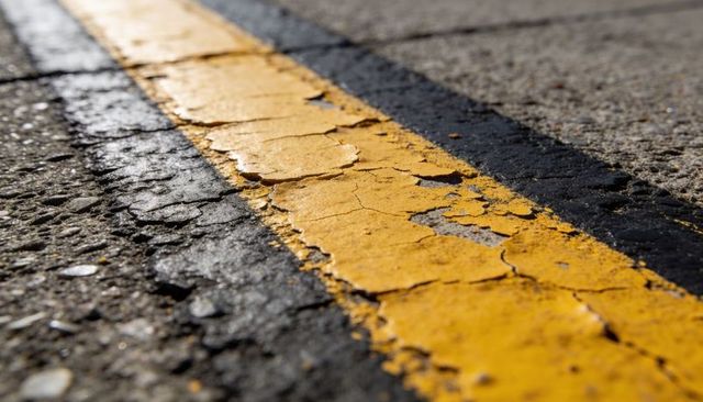 Peeling yellow centerline flaking on weathered asphalt road close-up texture detail