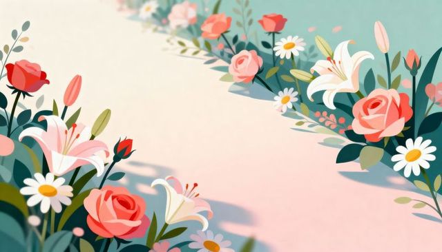 Diagonal floral border blooming with roses, lilies and daisies on soft pastel gradient