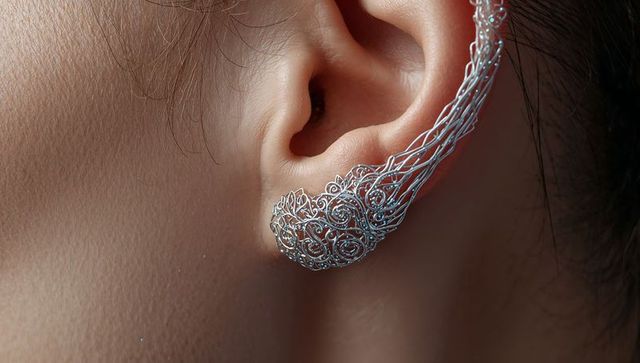 Intricate silver filigree ear cuff hugging ear lobe macro detail for jewelry design visual
