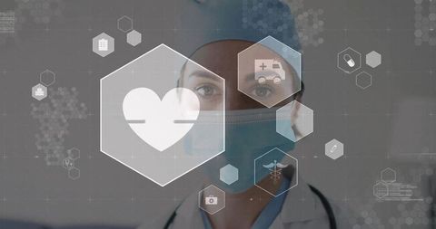 Confident doctor with digital medical icons and technology overlay