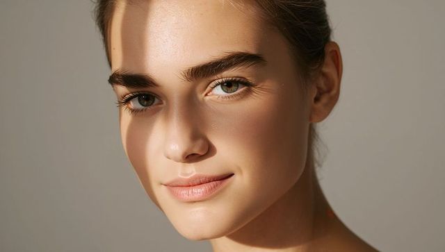 Close-up beauty portrait with bold brows, soft studio light and window-blind shadow