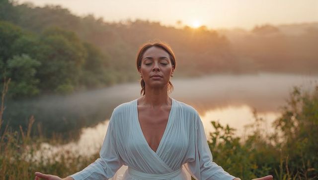 Meditative woman in flowing white dress at misty sunrise lake