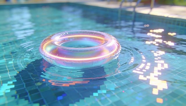 Floating iridescent swim ring reflecting sunlight on mosaic pool tiles with rippling water