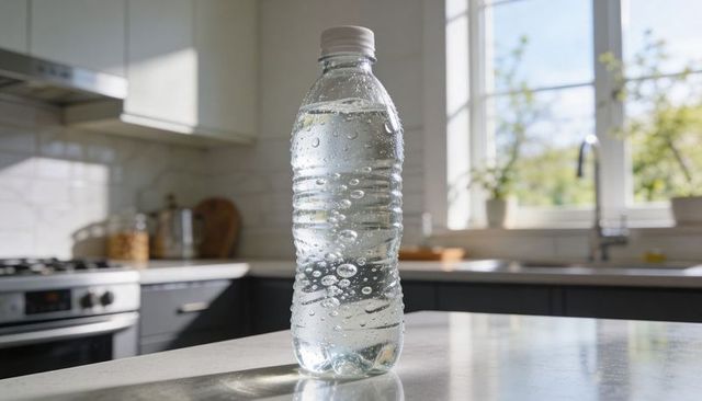 Sunlit clear plastic water bottle sitting on kitchen countertop showing bubbles, droplets