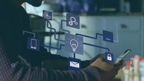 Businessman Utilizing Smartphone with Digital Network Overlay