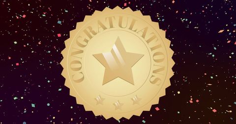 Golden star medal with congratulations and falling confetti