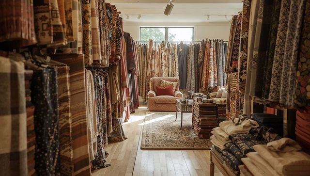 Upholstered armchair with red-orange pillow among hanging textiles in cozy fabric boutique