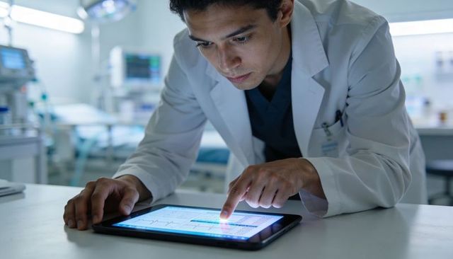 Doctor reviewing ecg data on tablet in hospital icu monitoring patient vitals