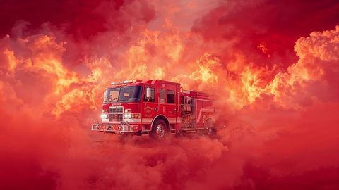 Powerful fire truck amidst red smoke and dramatic skies