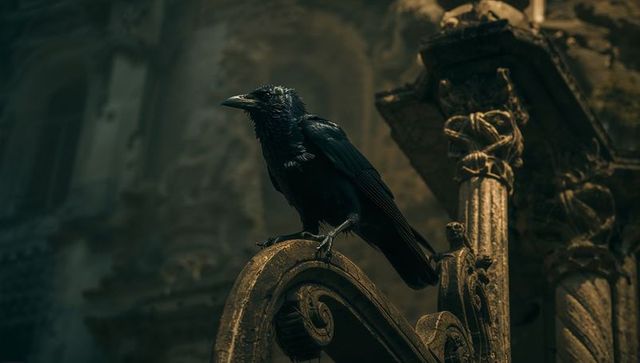Mysterious crow perching on gothic stone railing of historic building