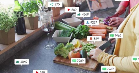 Couple preparing vegetables with social media engagement overlays for social campaigns