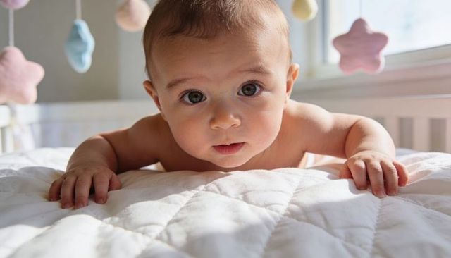 Curious baby doing tummy time grasping quilted blanket in sunlit nursery with mobile