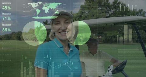 Smiling woman golfer with golf cart on scenic fairway