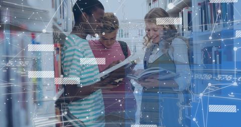 Diverse students in library with digital interface overlay