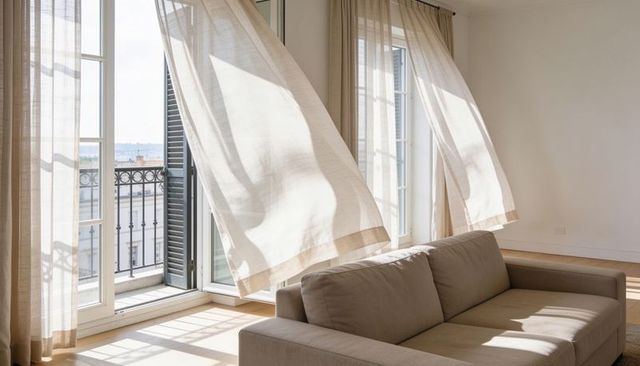 Sunlit minimalist living room with sheer curtains and beige sofa opening to balcony view