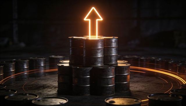 Oil barrels stacking with neon arrow rising and glowing trails signaling energy price rise