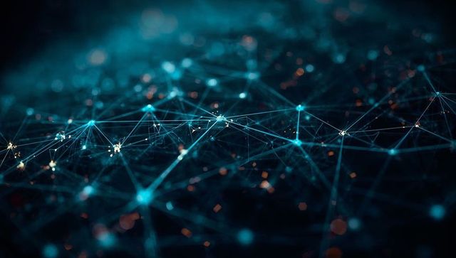 Glowing Cyan Network Nodes with Orange Highlights in Digital Matrix