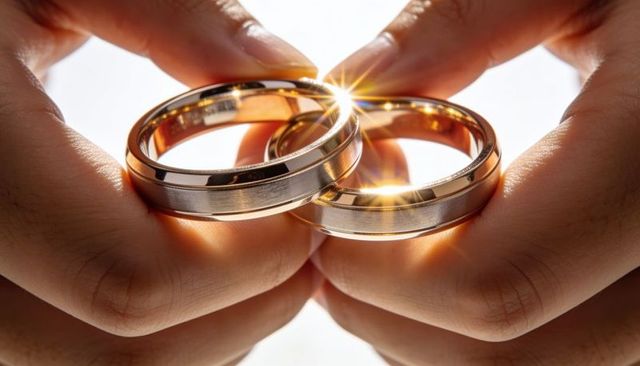 Hands holding polished gold wedding bands with sparkling star flares