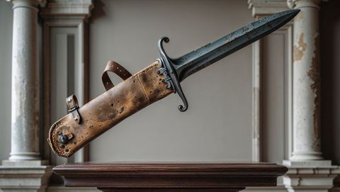 Ornate antique first world war dagger above wooden pedestal in museum gallery