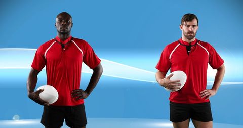 Rugby Players Holding Ball on Abstract Background