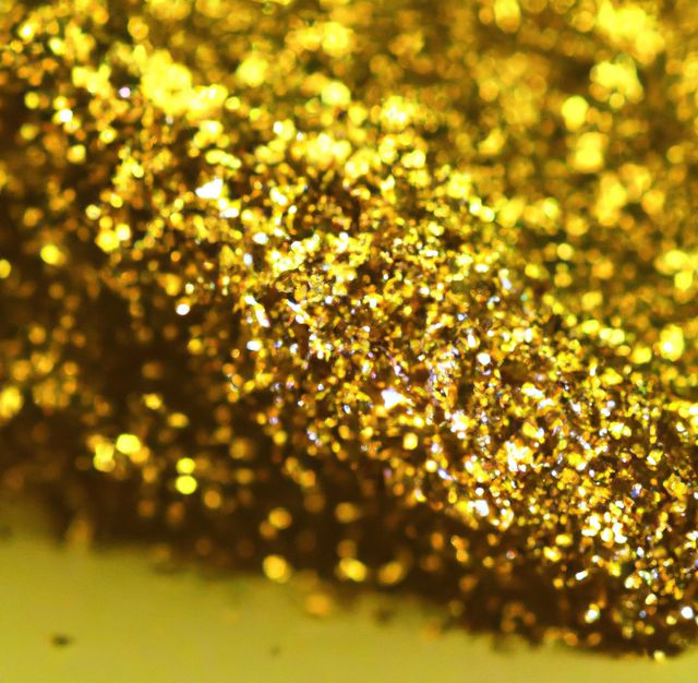 This image features a close-up view of shimmering gold glitter creating an abstract texture. Ideal for use in festive and holiday-themed designs, luxury and glamour advertisements, party invitations, and decorative projects. The sparkling golden hues make it perfect for adding a touch of elegance and brightness.
