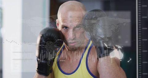 Bald boxer holding guard and training with world map and data overlay for sports analytics