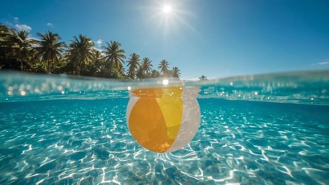 Beach ball floating in tropical lagoon under bright sun