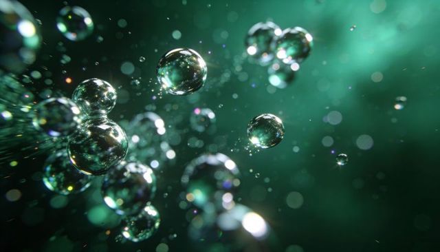 Floating clear bubbles drifting in emerald liquid with iridescent reflections and bokeh