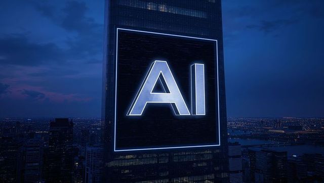 Displaying ai neon billboard on glass skyscraper over city skyline at dusk