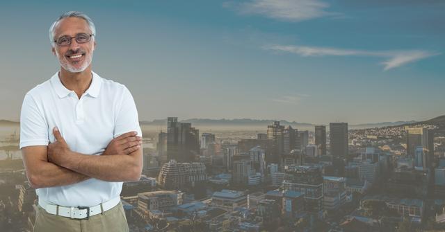 Digital composition of man standing with his arms crossed against cityscape background