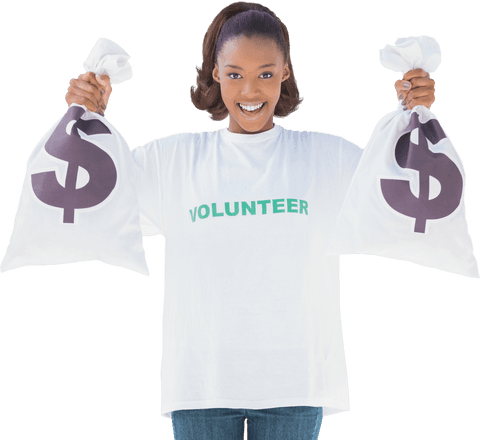 Cheerful volunteer holding dollar sacks on transparent background
