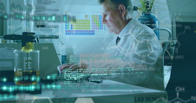 Image of data flowing over a view of a male laboratory worker using a computer during the research. Covid 19 pandemic health care science medicine concept digital composite.