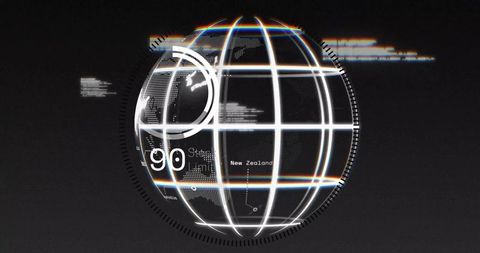Futuristic holographic globe rotating with hud grid reticle and digital scanlines