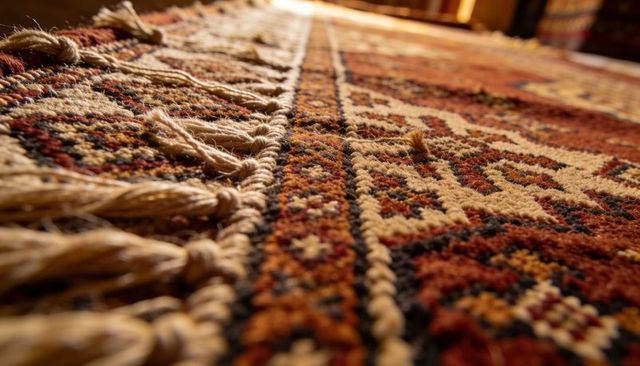 Glowing woven rug showcasing braided fringe and geometric pattern in warm light