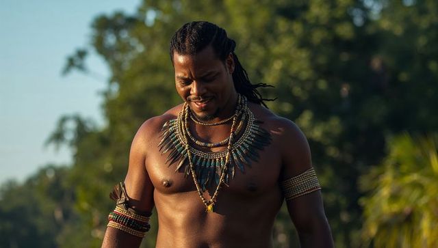 Sunlit shirtless man with dreadlocks wearing layered bead and feather necklaces in forest