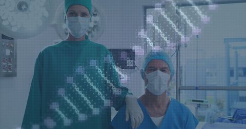 Surgeons in operating room with dna sequence overlay