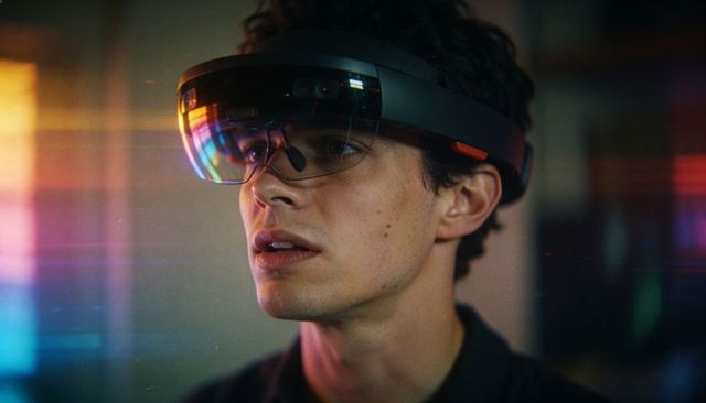 Young man wearing mixed reality headset gazing with multicolor lens flare reflections