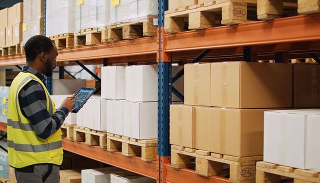Warehouse inventory control worker using tablet to scan pallets on storage racks