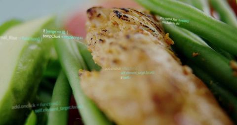 Grilled chicken with code overlay, blending culinary and digital art