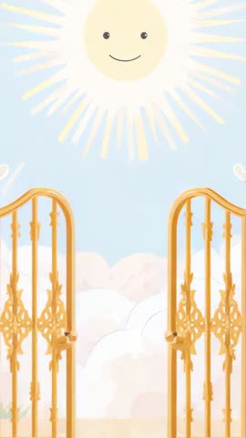 Golden gates opening to smiling sun above clouds vertical animated loop